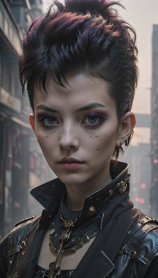 1girl,solo,looking at viewer,short hair,black hair,jewelry,closed mouth,jacket,upper body,earrings,outdoors,artist name,necklace,mole,blurry,lips,black jacket,grey eyes,eyelashes,makeup,blurry background,piercing,ear piercing,portrait,eyeshadow,freckles,realistic,nose,eyeliner,very short hair,leather,undercut,leather jacket,mascara,collar,blood,depth of field,building,blood on face