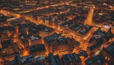 outdoors,no humans,window,night,from above,building,scenery,science fiction,city,cityscape,architecture,skyscraper,rooftop,city lights,orange theme,fire,ground vehicle,motor vehicle,car,road