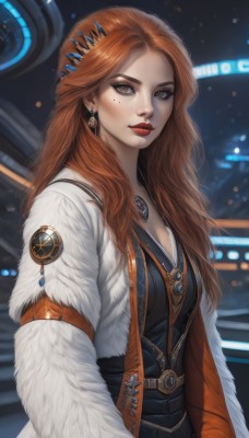 1girl,solo,long hair,breasts,looking at viewer,brown hair,hair ornament,cleavage,brown eyes,jewelry,medium breasts,upper body,earrings,open clothes,belt,necklace,orange hair,mole,lips,coat,fur trim,mole under eye,makeup,lipstick,gem,freckles,realistic,white coat,red lips,fur coat,closed mouth,jacket,red hair