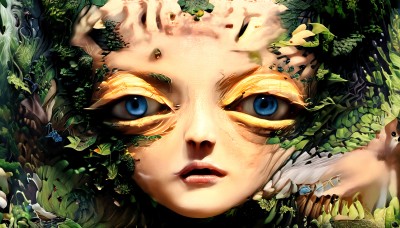 HQ,1girl,solo,looking at viewer,blue eyes,blonde hair,parted lips,lips,eyelashes,animal,leaf,cat,bug,plant,portrait,nature,close-up,eye focus,tree,no humans,bird,watermark,web address,forest,realistic,creature,extra eyes