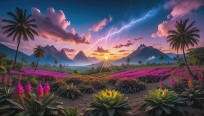 flower, outdoors, sky, cloud, tree, no humans, cloudy sky, star (sky), nature, scenery, sunset, mountain, yellow flower, palm tree, lightning, mountainous horizon