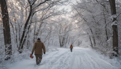 1girl,gloves,long sleeves,1boy,hat,jacket,outdoors,multiple boys,pants,from behind,tree,coat,nature,scenery,snow,1other,forest,walking,snowing,winter clothes,winter,brown coat,bare tree,ambiguous gender,footprints,holding,male focus,2boys