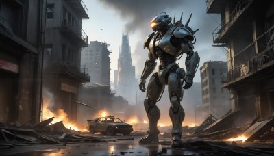 HQ,solo,standing,outdoors,sky,no humans,glowing,fire,robot,ground vehicle,building,mecha,glowing eyes,motor vehicle,spikes,smoke,science fiction,city,realistic,military vehicle,car,road,ruins,street,damaged,skyscraper,burning,destruction,weapon,cloud,signature,water,military,bird,clenched hand,reflection,sign,power lines,power armor,radio antenna,truck