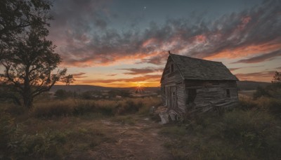 outdoors,sky,cloud,tree,no humans,cloudy sky,grass,building,nature,scenery,forest,sunset,mountain,sun,road,house,twilight,evening,landscape,path,1girl,solo,dress,lying,star (sky),smoke,starry sky,field,hill