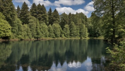 outdoors,sky,day,cloud,water,tree,blue sky,no humans,cloudy sky,grass,nature,scenery,forest,reflection,river,lake,reflective water,mountain,landscape