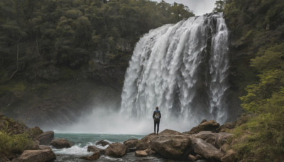 solo, 1boy, standing, male focus, outdoors, water, from behind, tree, nature, scenery, forest, rock, waterfall, cliff