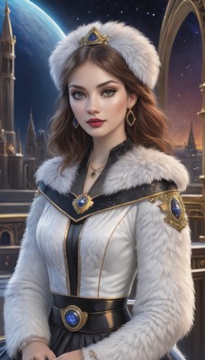 1girl,solo,long hair,breasts,looking at viewer,skirt,brown hair,shirt,long sleeves,hat,brown eyes,jewelry,medium breasts,closed mouth,white shirt,upper body,earrings,sky,belt,artist name,signature,black skirt,necklace,lips,coat,fur trim,makeup,night,moon,own hands together,crown,lipstick,gem,star (sky),night sky,pendant,starry sky,realistic,nose,red lips,space,planet,fur hat,earth (planet),blue gemstone,bangs,dress,white dress,white headwear,ring,eyeshadow,white coat