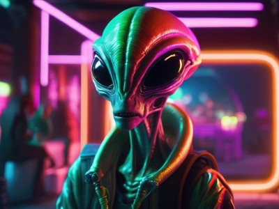 solo,looking at viewer,1boy,upper body,male focus,blurry,bodysuit,mask,blurry background,portrait,science fiction,realistic,alien,neon lights,1girl,jacket,teeth,depth of field,glowing,1other,cyberpunk