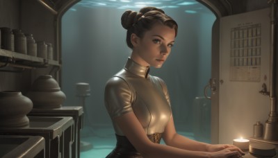 1girl,solo,breasts,short hair,brown hair,black hair,brown eyes,closed mouth,upper body,short sleeves,small breasts,indoors,dark skin,hair bun,dark-skinned female,lips,double bun,sunlight,single hair bun,candle,looking at viewer,hair ornament,table,realistic,nose,very dark skin