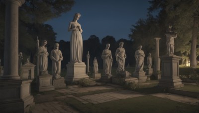 1girl,standing,weapon,outdoors,sky,tree,no humans,night,own hands together,grass,night sky,scenery,pillar,statue,praying,column,stone lantern,solo,long hair,star (sky),bush