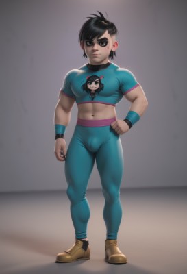 solo,looking at viewer,short hair,shirt,black hair,1boy,navel,standing,full body,male focus,thighs,shoes,midriff,pants,artist name,black eyes,lips,crop top,hand on hip,muscular,thick thighs,abs,muscular male,wristband,skin tight,bulge,realistic,nose,blue pants,tight,undercut,leggings,closed mouth,socks,mole,mole under eye,thick eyebrows,blue shirt,mole under mouth,tight pants,yoga pants,black leggings