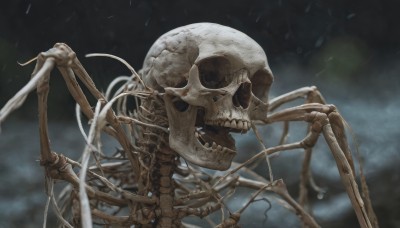 solo,open mouth,upper body,teeth,blurry,from side,no humans,blurry background,1other,skull,realistic,ribs,skeleton,bone,depth of field