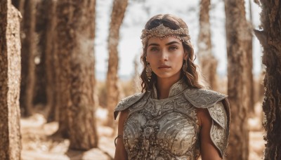 1girl,solo,long hair,looking at viewer,brown hair,black hair,brown eyes,jewelry,closed mouth,upper body,earrings,outdoors,dark skin,armor,blurry,dark-skinned female,tree,lips,depth of field,blurry background,shoulder armor,nature,snow,forest,pauldrons,breastplate,realistic