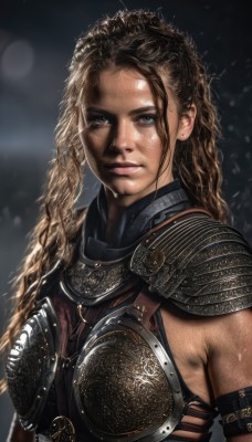 1girl,solo,long hair,looking at viewer,blonde hair,brown hair,brown eyes,jewelry,closed mouth,upper body,earrings,dark skin,armor,dark-skinned female,lips,shoulder armor,curly hair,pauldrons,breastplate,realistic,nose,stud earrings,wet,chainmail