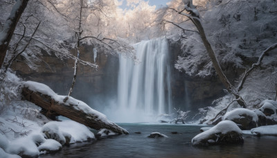 outdoors, water, tree, no humans, sunlight, nature, scenery, snow, rock, waterfall