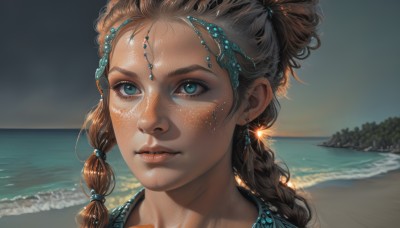 1girl,solo,long hair,looking at viewer,blue eyes,brown hair,jewelry,braid,earrings,outdoors,parted lips,sky,day,water,twin braids,aqua eyes,lips,eyelashes,ocean,beach,portrait,freckles,circlet,realistic,nose,hair tie,sand,hair pulled back,multi-tied hair,black hair,hair ornament