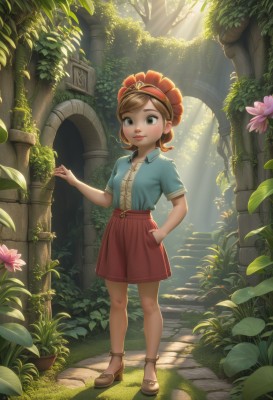 1girl,solo,looking at viewer,smile,short hair,skirt,brown hair,shirt,hat,brown eyes,closed mouth,standing,full body,flower,short sleeves,outdoors,shoes,day,collared shirt,tree,lips,red skirt,brown footwear,sandals,sunlight,grass,blue shirt,plant,child,nature,forest,hand in pocket,light rays,stairs,female child,sunbeam,arch,high heels,leaf,pink flower,potted plant