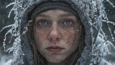 1girl,solo,looking at viewer,brown hair,hat,closed mouth,outdoors,parted lips,hood,blurry,lips,grey eyes,depth of field,blurry background,looking up,portrait,snow,close-up,hood up,freckles,snowing,realistic,nose,branch,beanie,winter,wet,fur trim,eyelashes,winter clothes