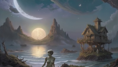 1girl,solo,breasts,short hair,medium breasts,nipples,nude,outdoors,sky,pointy ears,cloud,dark skin,water,dark-skinned female,tree,night,colored skin,ocean,moon,elf,star (sky),night sky,scenery,full moon,starry sky,mountain,fantasy,watercraft,crescent moon,tower,boat,lake,moonlight,large breasts,ship