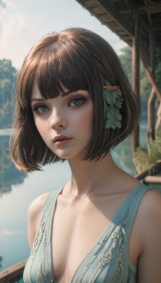 1girl,solo,breasts,looking at viewer,short hair,bangs,blue eyes,brown hair,hair ornament,dress,cleavage,bare shoulders,medium breasts,collarbone,upper body,small breasts,outdoors,parted lips,sleeveless,day,artist name,blunt bangs,blurry,tree,lips,grey eyes,eyelashes,no bra,blurry background,blue dress,bob cut,freckles,realistic,nose,closed mouth,sky,cloud,hair flower,blue sky,makeup,sleeveless dress,watermark,sunlight,breasts apart,web address,green dress,eyeliner,dappled sunlight,mascara