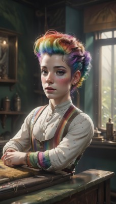 1girl,solo,looking at viewer,blush,short hair,blue eyes,shirt,hair ornament,long sleeves,jewelry,sitting,white shirt,upper body,pink hair,purple hair,multicolored hair,earrings,parted lips,artist name,indoors,necklace,blurry,black eyes,bracelet,two-tone hair,lips,streaked hair,grey eyes,eyelashes,window,gradient hair,makeup,depth of field,blurry background,watermark,piercing,table,sunlight,suspenders,lipstick,web address,light particles,androgynous,freckles,curly hair,watch,light rays,realistic,nose,red lips,overalls,paintbrush,painting (object),mascara,paint,painting (action),canvas (object),easel,green eyes,blue hair,braid,green hair