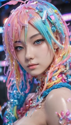 1girl,solo,long hair,breasts,looking at viewer,bangs,blue eyes,blonde hair,hair ornament,bare shoulders,jewelry,medium breasts,closed mouth,blue hair,upper body,pink hair,braid,multicolored hair,earrings,necklace,blurry,from side,two-tone hair,lips,eyelashes,aqua hair,gradient hair,makeup,depth of field,blurry background,gem,portrait,eyeshadow,realistic,nose,mascara,short hair,cleavage,hair between eyes,parted lips,shiny,artist name,twin braids,watermark,web address,freckles,beads,water drop,pearl (gemstone)