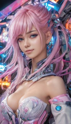 1girl,solo,long hair,breasts,looking at viewer,smile,bangs,blue eyes,hair ornament,cleavage,bare shoulders,jewelry,medium breasts,closed mouth,upper body,pink hair,earrings,lips,detached collar,science fiction,realistic,nose,twintails,detached sleeves,mole,eyelashes,makeup,eyeshadow,mole on breast