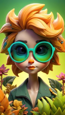 1girl,solo,breasts,looking at viewer,smile,short hair,blue eyes,blonde hair,hair ornament,animal ears,cleavage,jewelry,closed mouth,collarbone,jacket,upper body,flower,earrings,glasses,artist name,orange hair,lips,gradient,gradient background,eyelashes,makeup,leaf,watermark,sunglasses,plant,lipstick,portrait,furry,eyeshadow,zipper,green background,furry female,unzipped,red lips,tinted eyewear,orange flower,green eyes,colored skin,spiked hair,freckles,nose,round eyewear