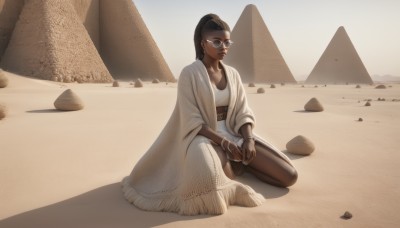 1girl,solo,long hair,breasts,looking at viewer,brown hair,black hair,brown eyes,jewelry,sitting,closed mouth,collarbone,full body,ponytail,earrings,outdoors,glasses,shorts,barefoot,day,midriff,belt,dark skin,bracelet,dark-skinned female,lips,crop top,kneeling,shadow,sunglasses,own hands together,black-framed eyewear,shawl,rock,round eyewear,sand,fringe trim,very dark skin,desert,cleavage,ring,hoop earrings,realistic,bangle