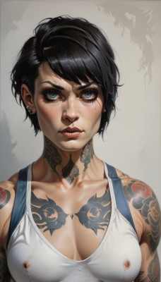 1girl,solo,breasts,looking at viewer,blush,short hair,blue eyes,black hair,cleavage,bare shoulders,jewelry,medium breasts,nipples,collarbone,upper body,earrings,parted lips,covered nipples,lips,wet,see-through,eyelashes,no bra,tattoo,makeup,muscular,swept bangs,piercing,thick eyebrows,tank top,messy hair,ear piercing,wet clothes,eyeshadow,freckles,toned,realistic,nose,muscular female,stud earrings,eyeliner,biting,arm tattoo,nipple piercing,shoulder tattoo,dark nipples,mascara,lip biting,neck tattoo,nipple bar,bangs,simple background,shirt,lipstick,chest tattoo