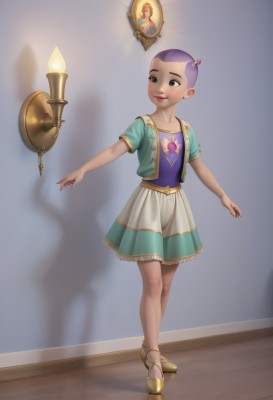 1girl,solo,blush,smile,short hair,skirt,hair ornament,jewelry,standing,full body,purple hair,short sleeves,dark skin,black eyes,mirror,candle,very short hair,ballerina,ballet slippers,ballet,open mouth,teeth,nail polish,shadow,child,realistic