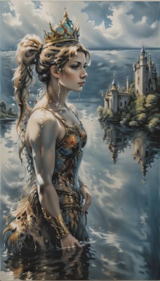 1girl,solo,long hair,breasts,blonde hair,brown hair,dress,cleavage,bare shoulders,brown eyes,jewelry,medium breasts,very long hair,closed mouth,standing,collarbone,ponytail,small breasts,outdoors,sky,day,cloud,signature,water,necklace,armor,from side,tree,lips,wet,profile,ocean,sunlight,cloudy sky,tiara,crown,wet clothes,scenery,wading,partially submerged,reflection,nose,fantasy,bracer,wet hair,castle,tower,lake,blush,blue eyes,artist name,nail polish,bracelet,black nails,realistic