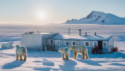 outdoors,sky,day,water,blue sky,no humans,window,shadow,glowing,animal,building,scenery,snow,mountain,door,sun,house,winter,mountainous horizon,sunrise,footprints,solo,1boy,sitting,standing,pokemon (creature),ocean,ice,realistic,horizon