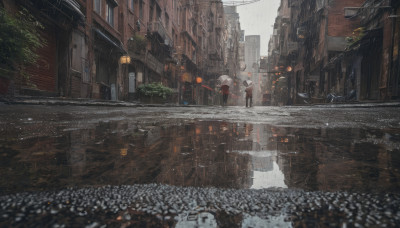 1girl, solo, holding, standing, outdoors, umbrella, building, scenery, rain, holding umbrella, city, road, power lines, street, puddle