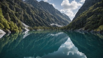 outdoors,sky,day,cloud,water,tree,blue sky,no humans,cloudy sky,grass,nature,scenery,forest,reflection,mountain,road,river,landscape,mountainous horizon,lake,ocean