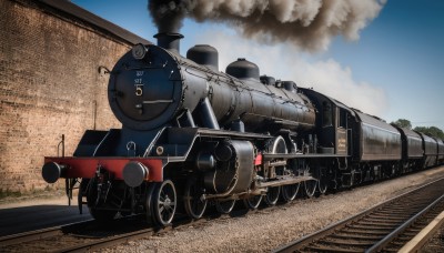 outdoors,sky,day,cloud,blue sky,military,no humans,ground vehicle,motor vehicle,smoke,cannon,military vehicle,tank,vehicle focus,train,caterpillar tracks,world war ii,railroad tracks,weapon,tree,machine gun