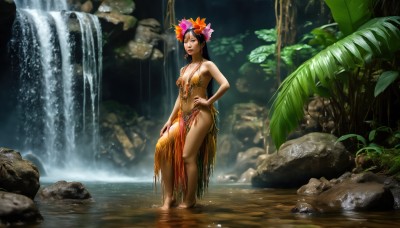 HQ,1girl,solo,long hair,breasts,short hair,brown hair,black hair,hair ornament,dress,cleavage,bare shoulders,brown eyes,jewelry,medium breasts,standing,closed eyes,flower,outdoors,parted lips,barefoot,hair flower,water,necklace,tree,lips,wet,hand on hip,plant,nature,pelvic curtain,wading,forest,rock,realistic,waterfall,pond,looking at viewer,blue eyes,navel,earrings,bare legs,leaf,sunlight