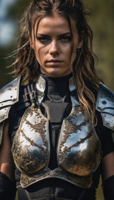 1girl,solo,long hair,looking at viewer,brown hair,brown eyes,closed mouth,upper body,armor,blurry,lips,blurry background,shoulder armor,messy hair,pauldrons,breastplate,realistic,chainmail,boobplate,jewelry,earrings,parted lips