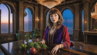 1girl,solo,long hair,breasts,looking at viewer,smile,bangs,brown hair,long sleeves,brown eyes,jewelry,closed mouth,upper body,food,sky,indoors,blunt bangs,water,necklace,mole,vest,bracelet,lips,window,makeup,night,fruit,chair,table,plant,scenery,pendant,plate,apple,red lips,candle,dress,sitting,day,medium hair,blue sky,ocean,ring,bowl,realistic,nose,bangle,potted plant,grapes,vegetable,candlestand,candlelight