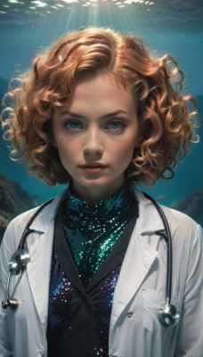 1girl,solo,looking at viewer,smile,short hair,blue eyes,blonde hair,brown hair,jewelry,jacket,upper body,parted lips,open clothes,dark skin,necklace,lips,coat,watermark,wavy hair,sunlight,freckles,curly hair,light rays,realistic,nose,labcoat,stethoscope,shirt,makeup,doctor