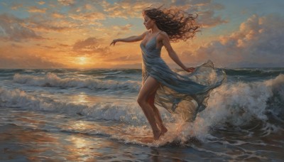 1girl,solo,long hair,breasts,brown hair,black hair,dress,cleavage,bare shoulders,medium breasts,full body,closed eyes,outdoors,sky,barefoot,sleeveless,cloud,dark skin,water,dark-skinned female,lips,bare arms,dutch angle,bare legs,profile,floating hair,sleeveless dress,blue dress,ocean,wavy hair,beach,cloudy sky,outstretched arm,wind,scenery,wading,sunset,horizon,splashing,waves,from side,outstretched arms,curly hair,realistic,sun