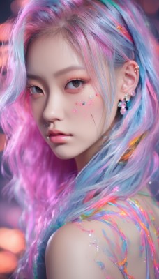 1girl,solo,long hair,looking at viewer,bare shoulders,brown eyes,jewelry,closed mouth,blue hair,upper body,pink hair,multicolored hair,hairband,earrings,looking back,blurry,black eyes,two-tone hair,lips,eyelashes,gradient hair,makeup,piercing,ear piercing,portrait,eyeshadow,realistic,nose,mascara,nose piercing,artist name,star (symbol),watermark,web address,forehead,rainbow hair