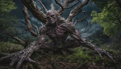 solo,looking at viewer,red eyes,1boy,outdoors,horns,sky,teeth,cloud,tree,no humans,night,glowing,squatting,grass,nature,glowing eyes,forest,skull,monster,branch,skeleton,extra arms,horror (theme),scenery,claws