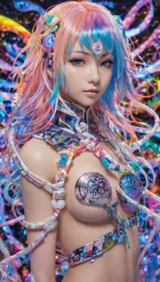 1girl,solo,long hair,breasts,looking at viewer,bangs,blue eyes,hair ornament,navel,medium breasts,blue hair,upper body,pink hair,multicolored hair,two-tone hair,lips,revealing clothes,science fiction,realistic,android,cable