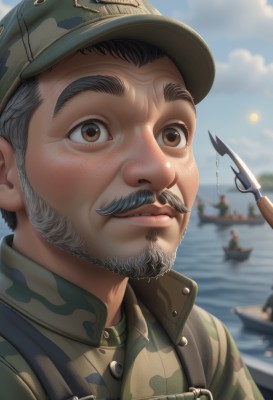 solo,smile,short hair,1boy,hat,holding,brown eyes,jacket,upper body,grey hair,male focus,outdoors,parted lips,sky,day,cloud,water,blurry,uniform,lips,military,military uniform,blurry background,facial hair,ocean,thick eyebrows,helmet,portrait,beard,military hat,realistic,green headwear,mustache,watercraft,camouflage,old,old man,ship,boat,soldier,camouflage jacket,blush,shirt,solo focus,blue sky,depth of field,cloudy sky,world war ii