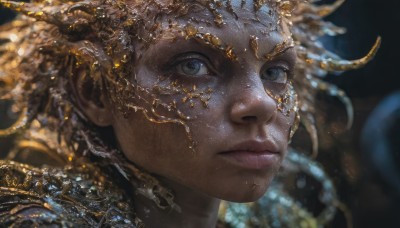 1girl,solo,looking at viewer,blue eyes,blonde hair,closed mouth,dark skin,blurry,dark-skinned female,lips,eyelashes,depth of field,blurry background,portrait,close-up,freckles,realistic,nose,gold,brown hair,jewelry,horns,mole,mole under mouth,light particles,mole on cheek