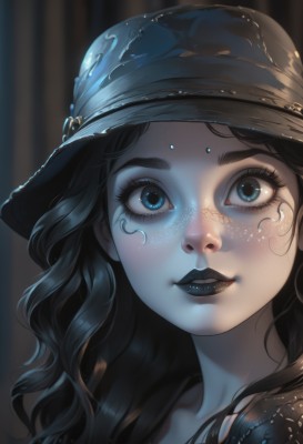 1girl,solo,long hair,looking at viewer,smile,blue eyes,brown hair,black hair,hat,parted lips,teeth,artist name,blurry,lips,eyelashes,makeup,blurry background,colored skin,wavy hair,facial mark,lipstick,portrait,close-up,freckles,curly hair,nose,black lips,blush,open mouth,thick eyebrows,blue lips