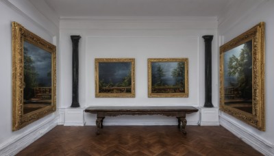 sky,cloud,indoors,tree,no humans,window,night,chair,table,plant,night sky,scenery,wooden floor,door,picture frame,painting (object),carpet,wall,pillar,still life,picture (object),candlestand,column,portrait (object)