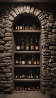 indoors,no humans,bottle,scenery,alcohol,wall,brick wall,shelf,wine bottle,bar (place),still life,cup,drinking glass,glass,wine glass,wine,stone wall