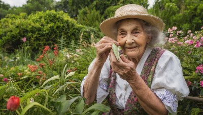 1girl,solo,smile,shirt,1boy,hat,holding,closed mouth,closed eyes,white shirt,upper body,flower,short sleeves,grey hair,male focus,outdoors,day,puffy sleeves,blurry,vest,tree,facial hair,bug,plant,nature,facing viewer,realistic,straw hat,holding flower,old,old man,old woman,wrinkled skin,phone,forest,arm hair,garden